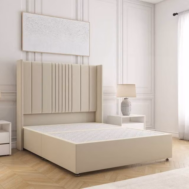 BSSPOKE Charlotte Single Divan Bed with 54 inch Plush Velvet Headboard in Cream