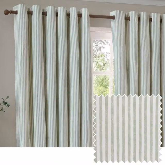 Yard Hebden Striped 100% Cotton Lined Eyelet Curtain Pair in Pale Green, Width: 168 cm, Drop: 229 cm