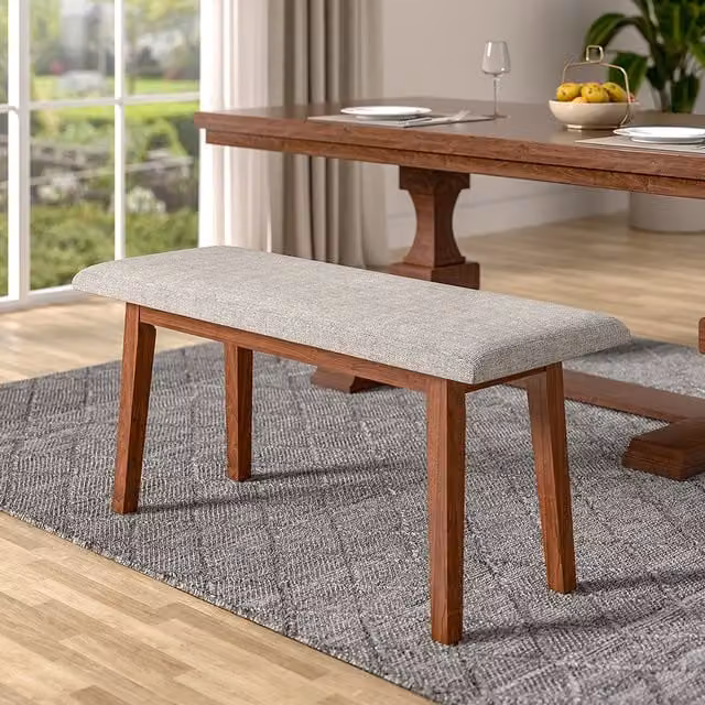 Livingandhome Mid-Century Beige Fabric Upholstered Wooden Dining Bench