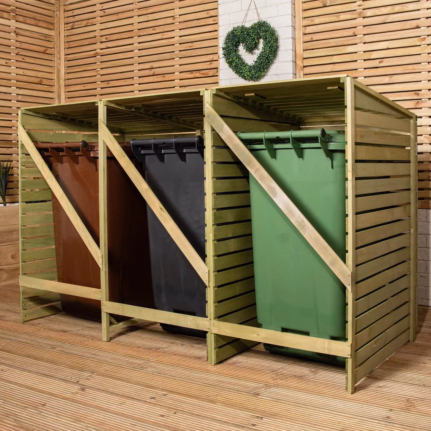 Samuel Alexander Brown Wooden Triple Wheelie Bin Store for 3 Bins, W: 122 cm, H: 199 cm, D: 79 cm – 6