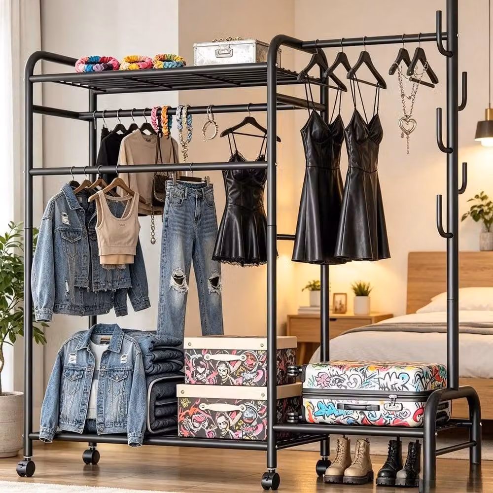 FORGEVIO Black Metal Clothing Rack and Open Wardrobe Garment Storage Stand – 6