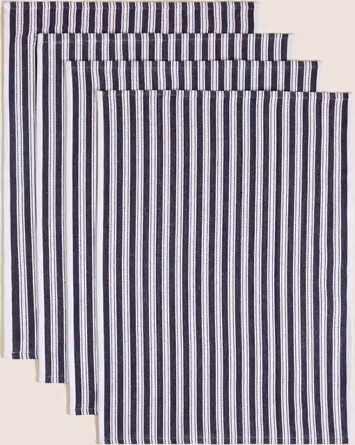 M&S Set of 4 Blue Striped Cotton Rich Basket Weave Highly Absorbent Tea Towels with Hanging Loops