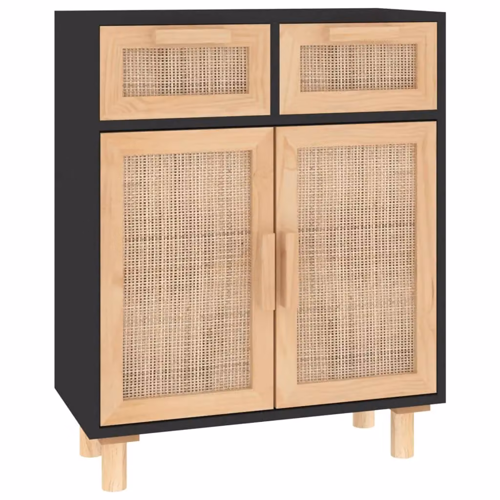 Berkfield Home Black Sideboard in Solid Pine and Natural Rattan, W/D/H: 60 x 30 x 75 cm – 2