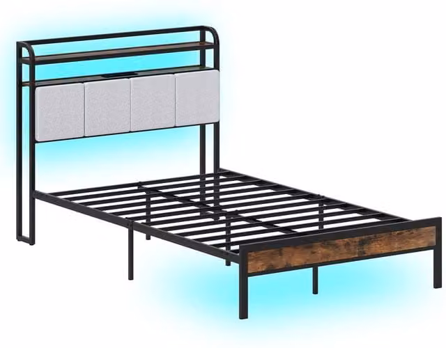 Costway Double Size Bed Frame in Brown with LED Under-Bed Lighting, USB Charging Port and Side Compartments, 140 x 200 cm – 1