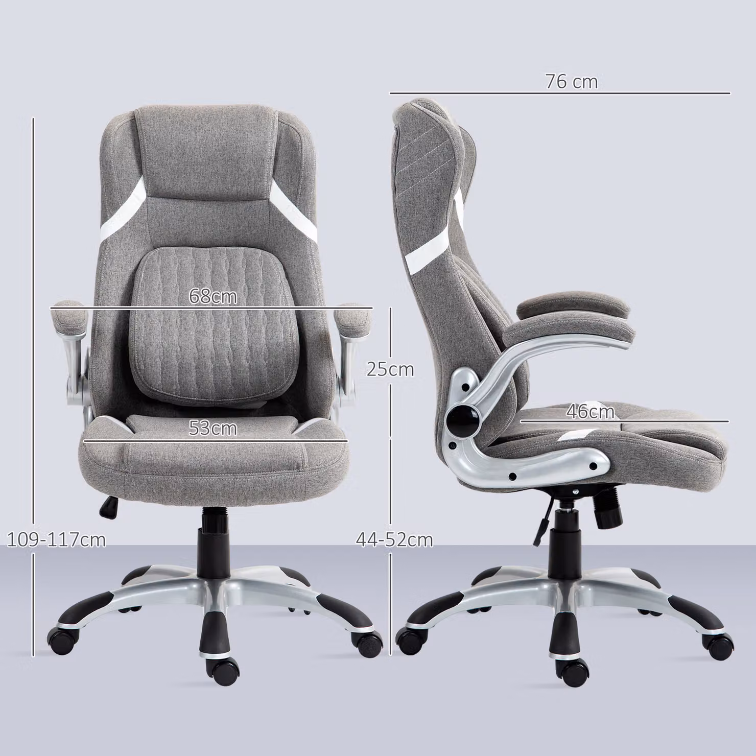 Vinsetto Ergonomic Grey Fabric Office Chair with Adjustable Height, Armrests and Swivel Castors – 3
