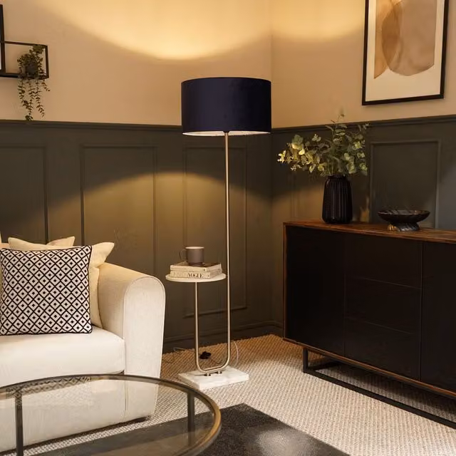 ValueLights Tavel Brushed Chrome Floor Lamp with Navy Blue Velvet Shade