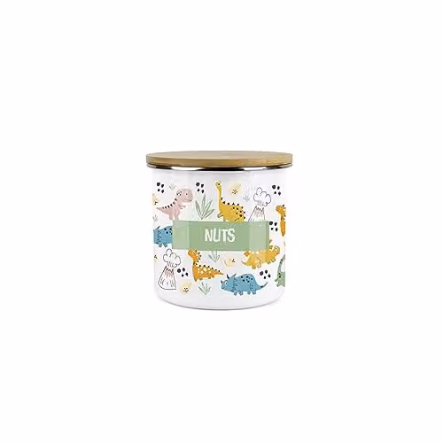 Purely Home Kids Mini Dinosaur Snack Pot, White and Green Enamel Storage Container with Bamboo Lid