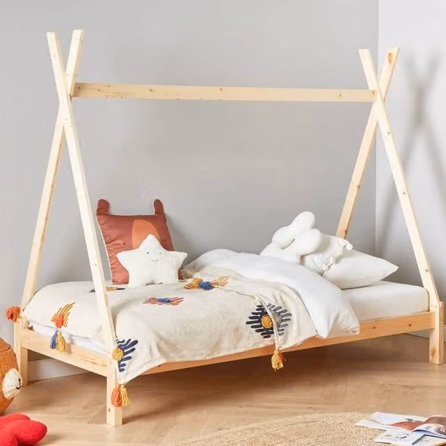 Wyld and Coco Kids Teepee Bed Frame in Light Brown Lacquered Pine with Slatted Base, W/D/H: 90 x 200 cm – 1