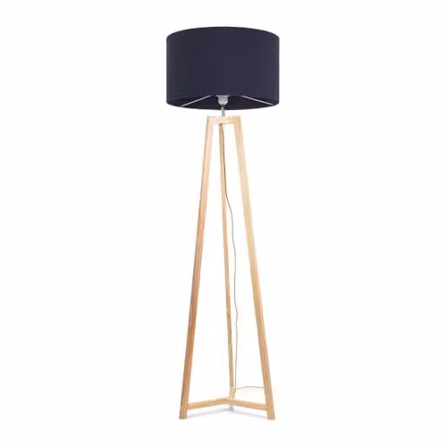 ValueLights Natural Wood Tripod Floor Lamp with Blue Fabric Drum Shade, H 148 cm x W 45 cm x D 45 cm – 1