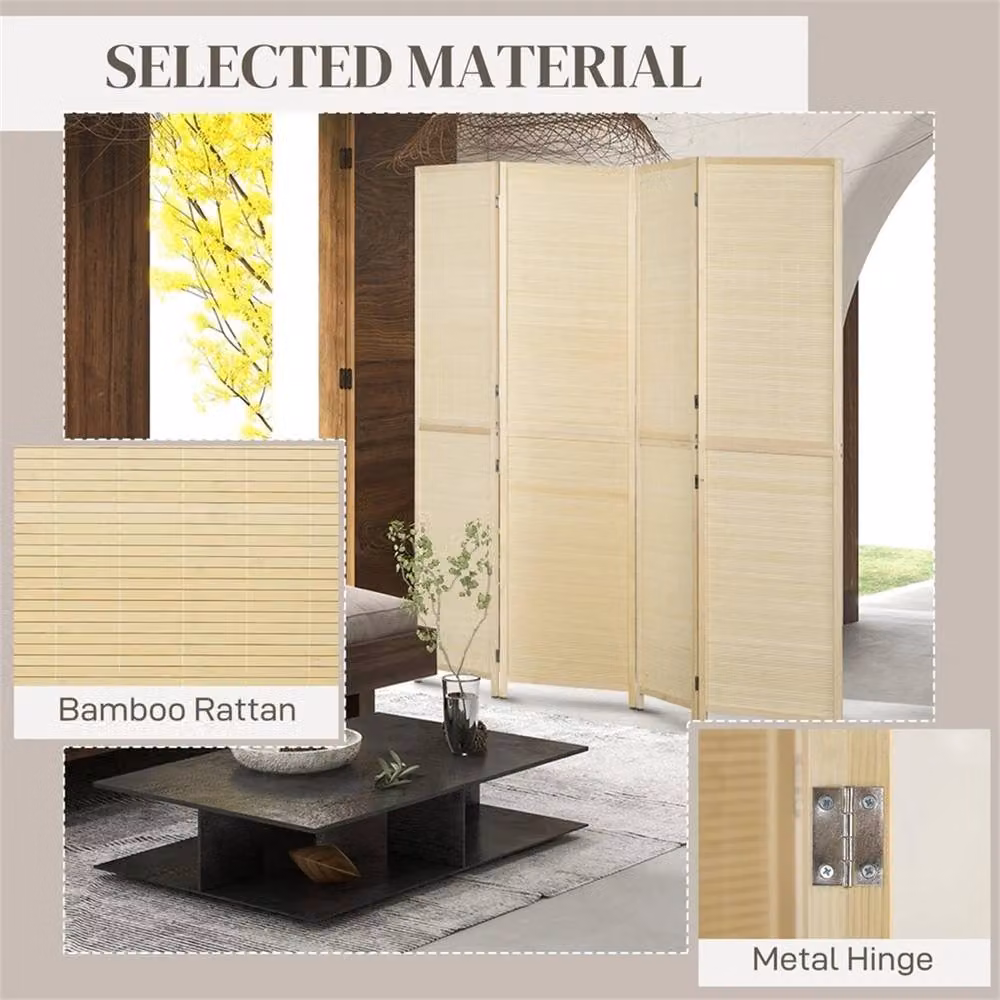 EONLION 4 Panel Folding Freestanding Room Divider in Beige Sand Rattan and Bamboo, H 180 cm x W 100 cm – 3
