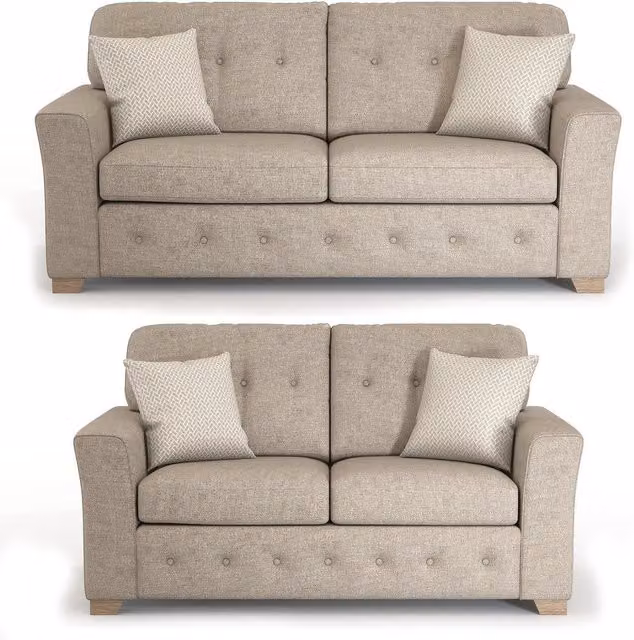 Furnishings For Less UK Hartley 3 + 2 Sofa Suite in Grey or Beige with Full Back Tufted Cushions