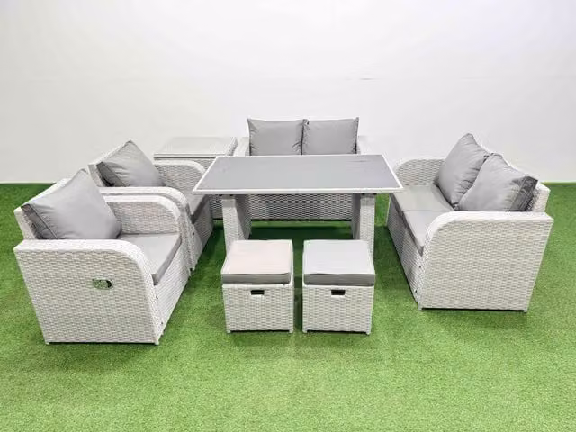 Fimous 8 Piece Rattan Garden Furniture Set with Cushions and 2 Small Stools in Light Grey