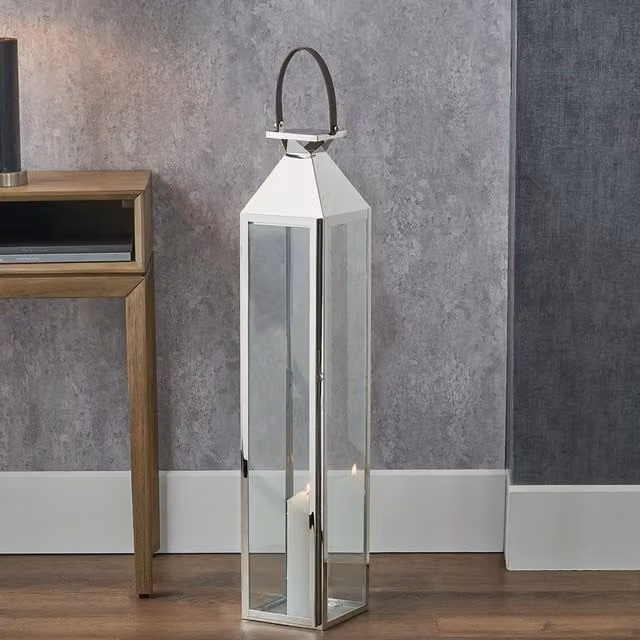 Pacific Lifestyle Tall Stainless Steel and Glass Lantern in Silver, Height: 93 cm
