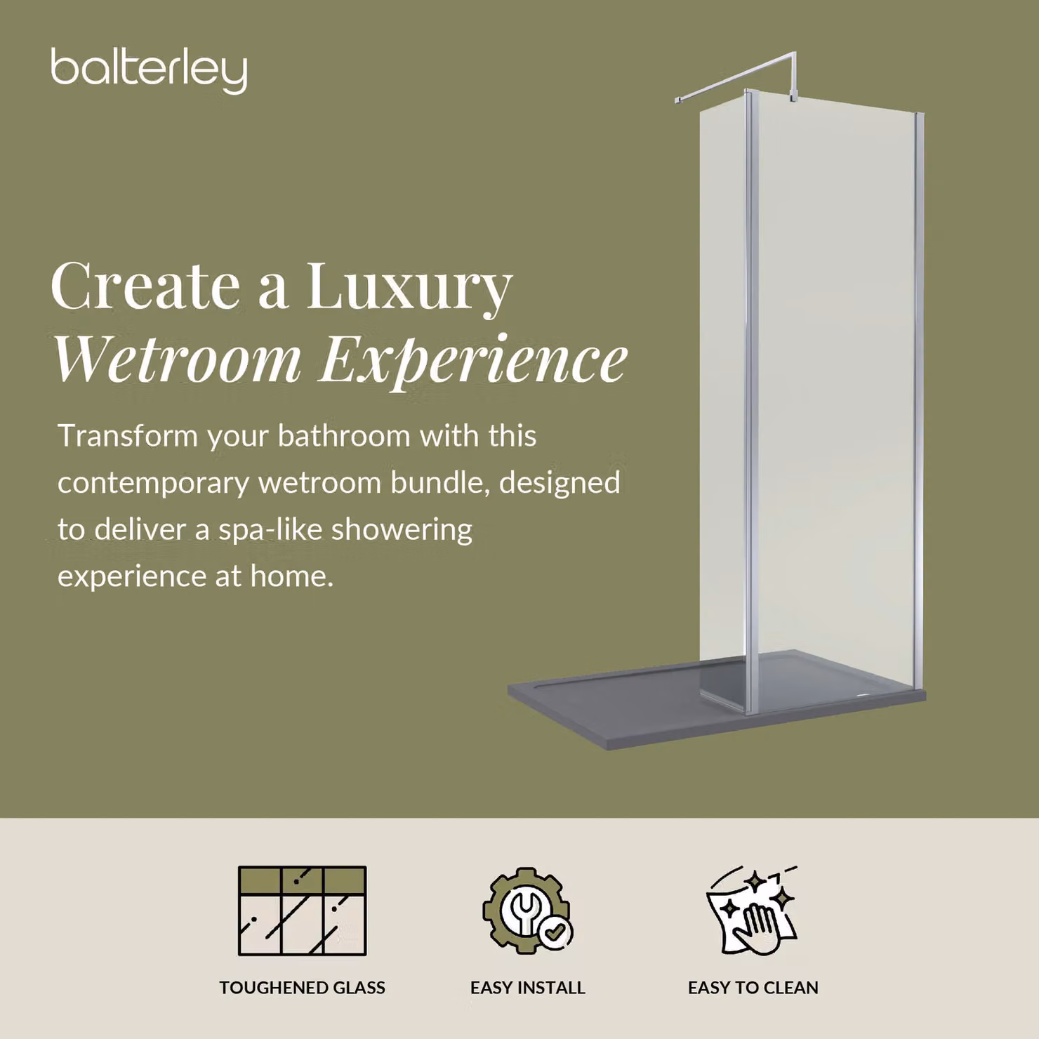 Balterley 8mm Glass Walk-In Wetroom Screen and Return with Chrome Frame and Grey Silver Tray, W: 120 cm, D: 80 cm, H: 195 cm – 3