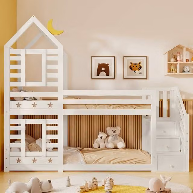 ModernLuxe Single over Single Bunk Bed with Stair Storage and House Frame Design in White