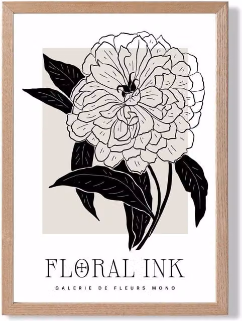 ARTZE Peony Black and Beige Floral Ink Sketch Framed Print with Oak Frame, A3 – 1