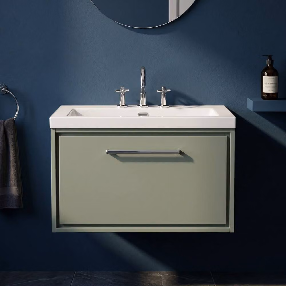 Balterley Modern Wall Hung Bathroom Vanity with Soft Close Drawer and Fireclay Basin, Green, Width: 80 cm – 2
