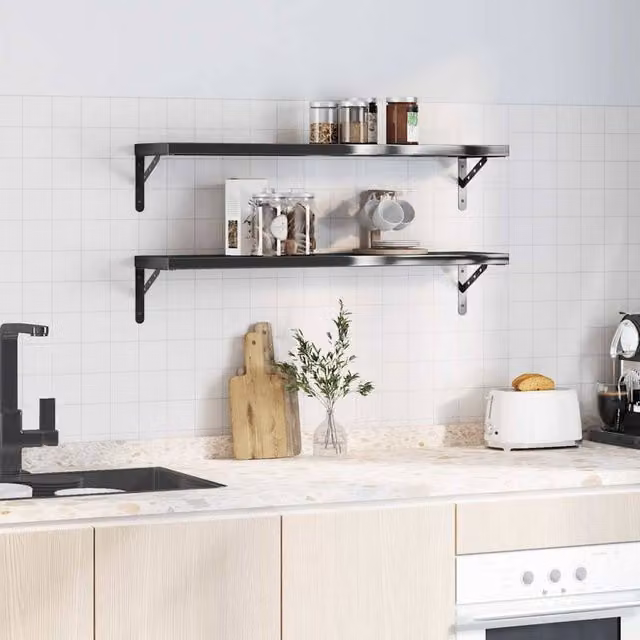 Berkfield Home Set of 2 Black Matt Stainless Steel Wall Mounted Shelves, W/D/H: 100 x 23.5 x 3 cm