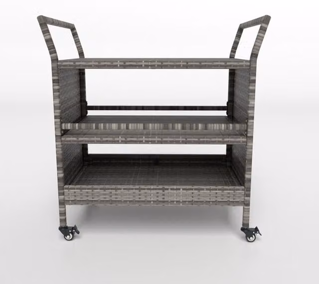 Gymax 3-Tier Grey Rattan Outdoor Bar Cart with Wheels and Handles