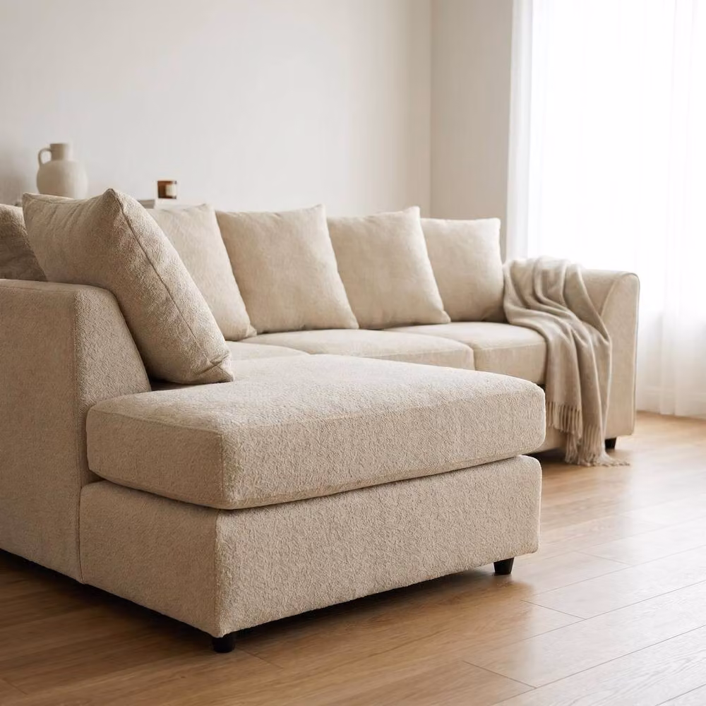 Abakus Direct Harriet Boucle Fabric Left Facing Corner Sofa with Chaise and Scatter Cushions in Sand – 2