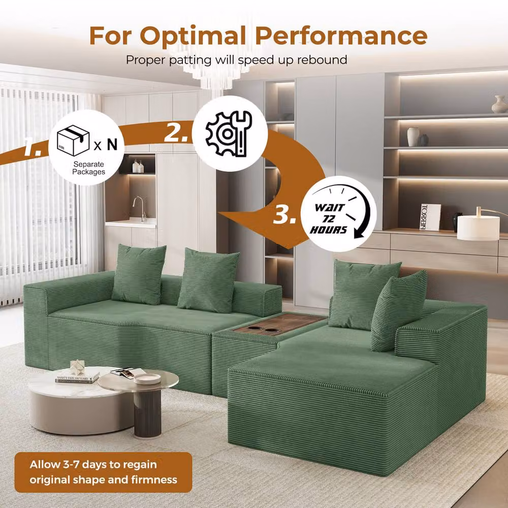 Dprodo Green Corduroy Right L-Shaped Modular Sofa with Cup Holder Table and Scatter Cushions, Width: 320 cm – 4