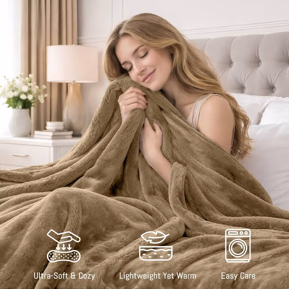 Pamposh Reversible Flannel Fleece Blanket in Camel and Beige – 4