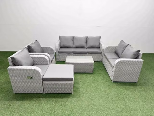 Fimous PE Rattan Garden Furniture Set in Light Grey with 2 Seater Sofa, Coffee Table and Footstool