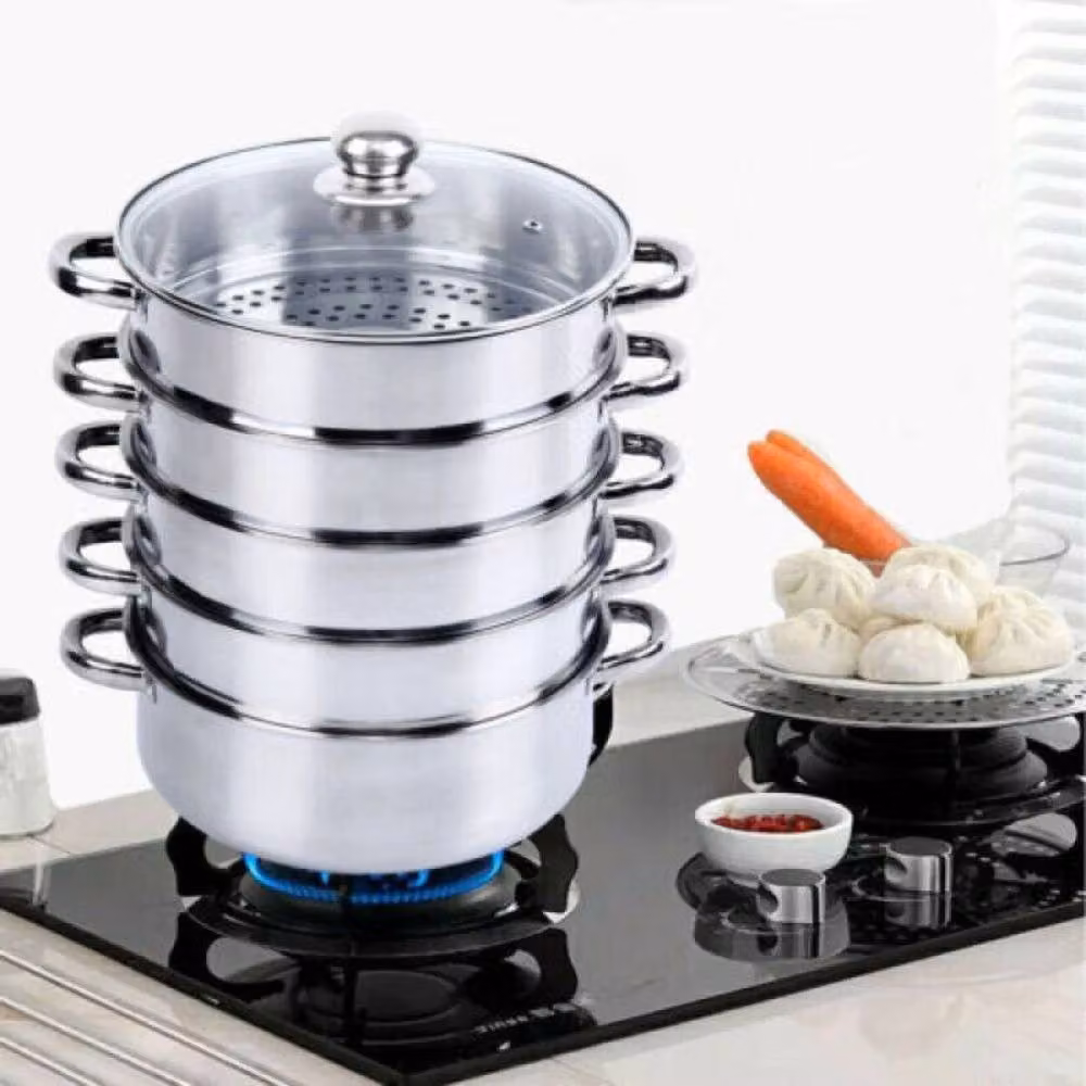 NESTLUNE 5 Tier Stainless Steel Induction Steamer Pot with Glass Lid, Silver, Diameter: 28 cm, H x W x D: 45 x 28 x 28 cm – 6