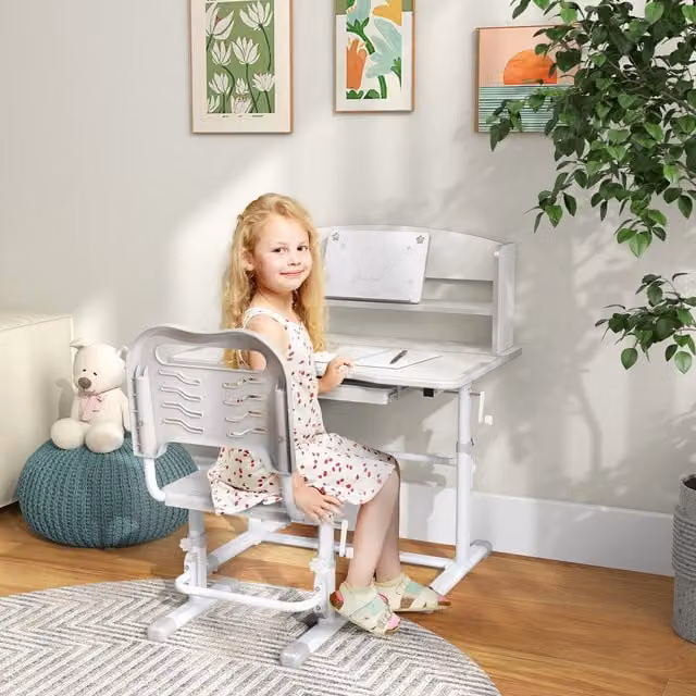 ZONEKIZ Height Adjustable Kids Desk and Chair Set with Drawer and Bookshelf, Grey