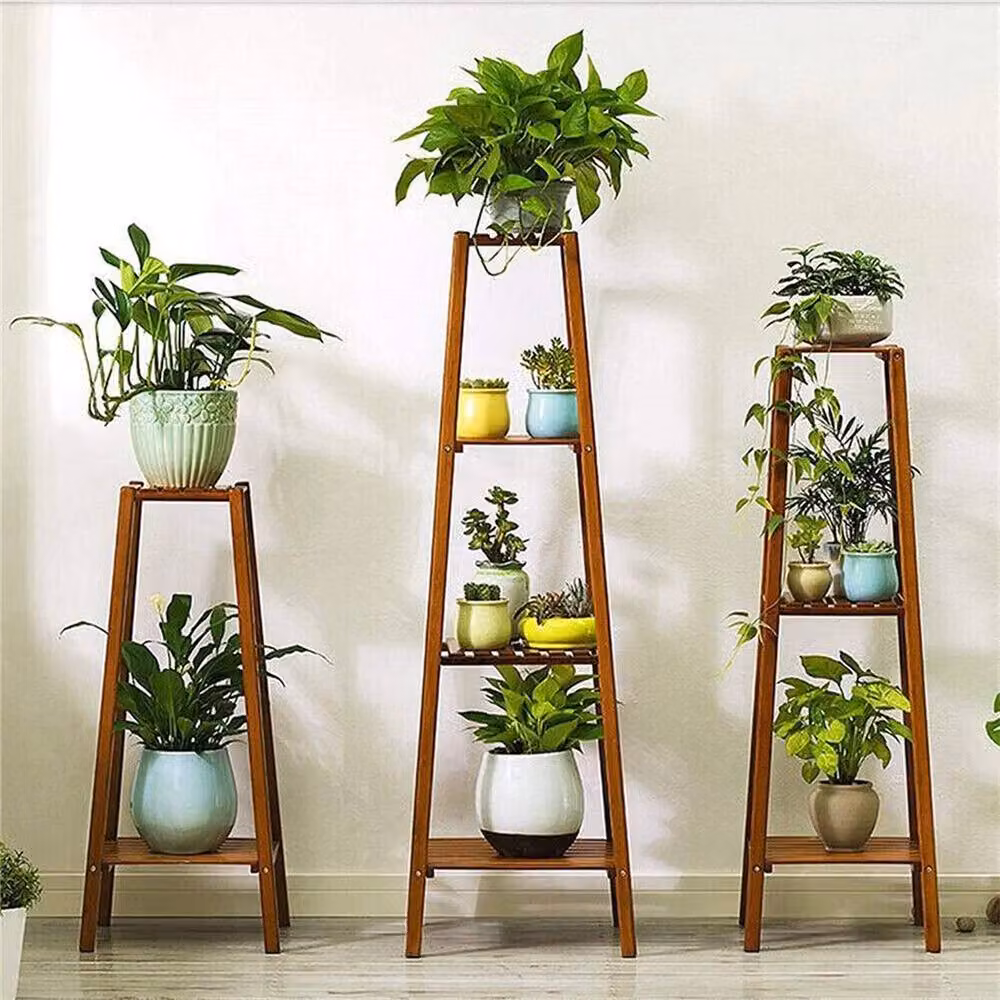 NESTLUNE Mid Century 2 Tiered Corner Indoor Plant Stand in Brown Bamboo, W/D: 100 x 100 cm, H: 76 cm – 2