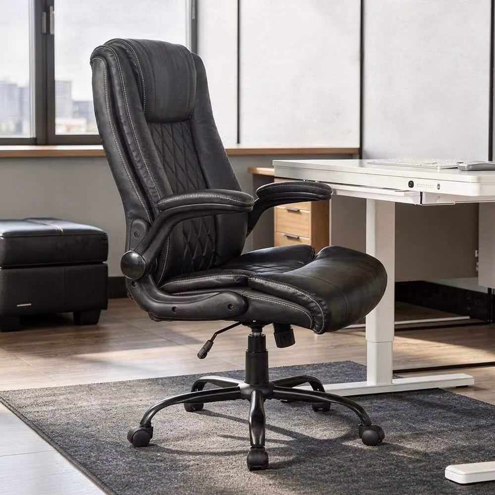 Levede Executive Office Chair in Black Synthetic Leather with Flip-Up Armrests and Headrest – 2
