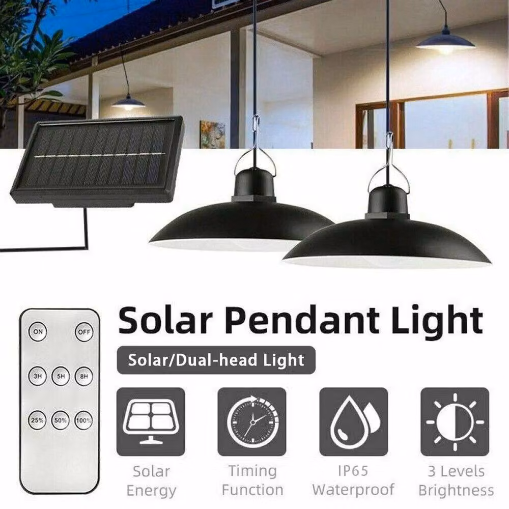 KORVIXA 2 Heads LED Solar Powered Black Metal Pendant Hanging Light with Dusk Sensor – 3