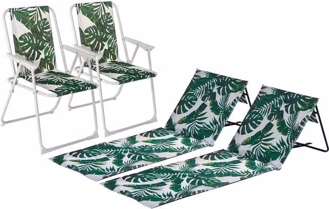 Harbour Housewares 4 Piece Folding Beach Furniture Set in Banana Leaf Floral Pattern, White and Green