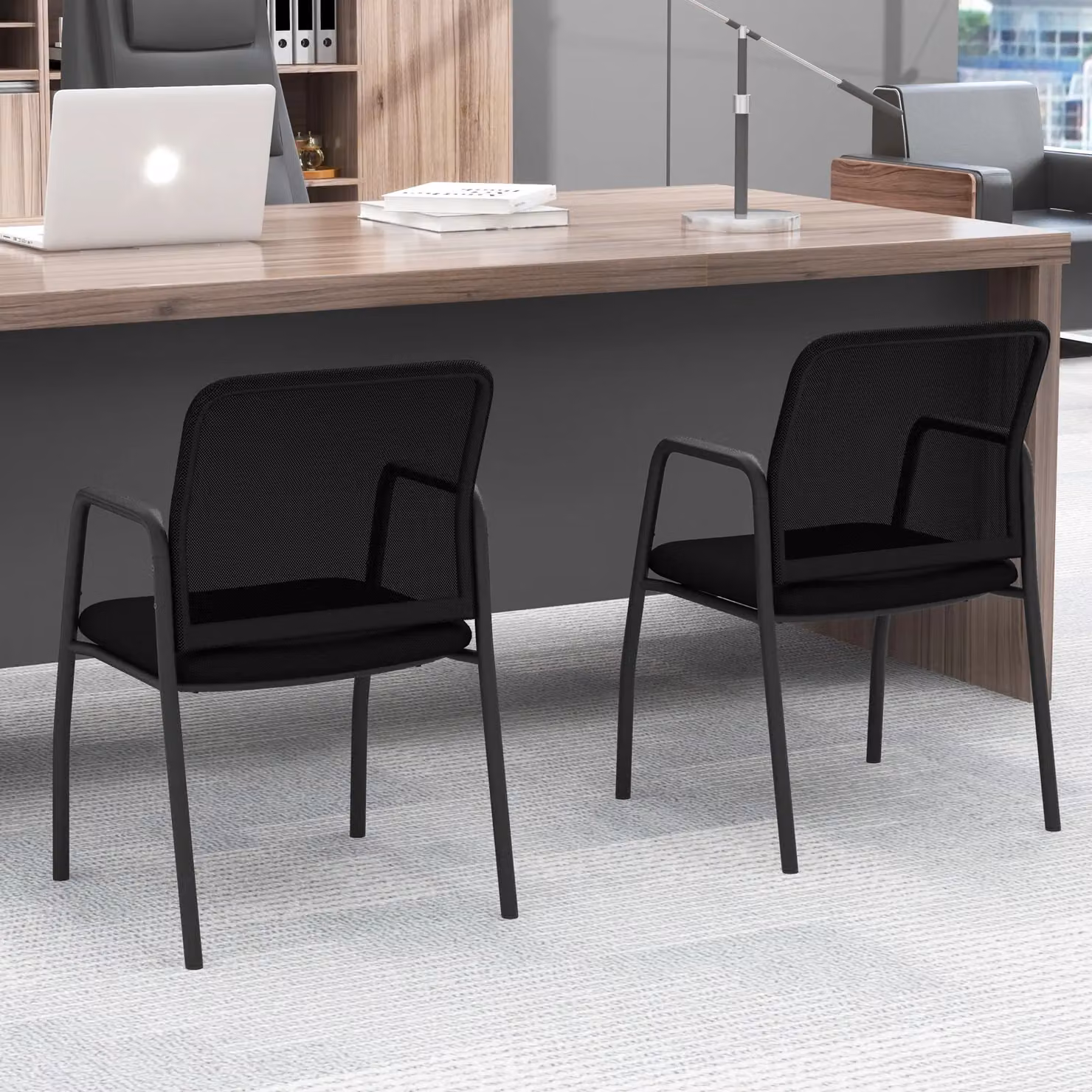 Costway Set of 2 Black Mesh Office Guest Chairs with Cushioned Fabric Seats and Armrests – 3