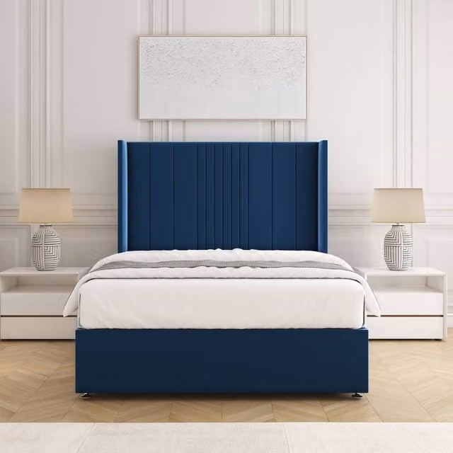 BSSPOKE Charlotte Super King Divan Bed Set with Plush Velvet Headboard and Mattress in Blue, W/D/H: 200 x 150 x 54 cm
