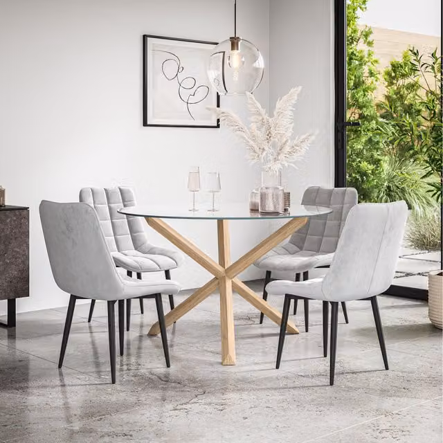 More4Homes Malvern Round Glass Dining Table Set with Oak Legs and 4 Grey Nova Velvet Chairs, Diameter: 120 cm, Height: 75 cm