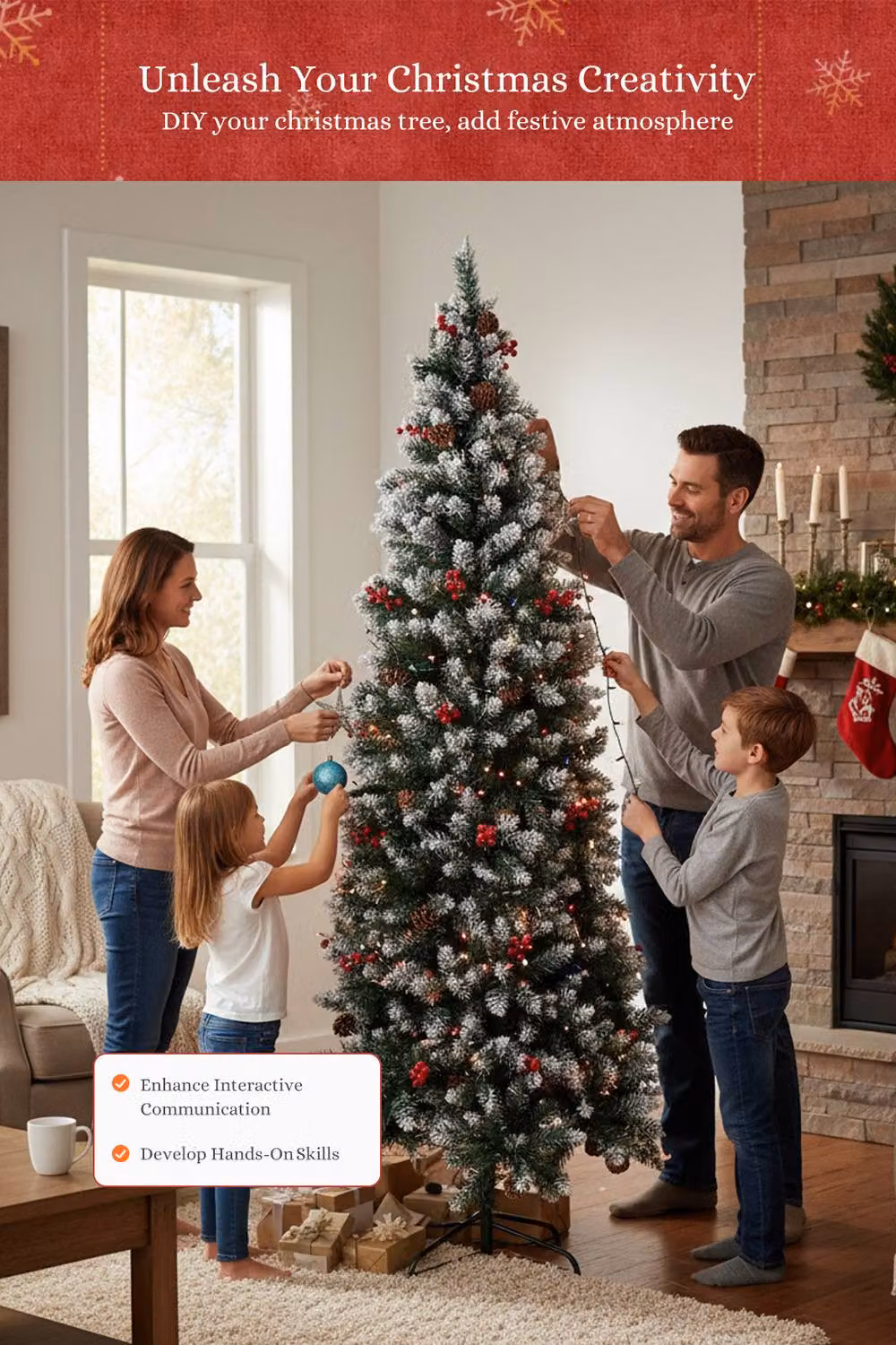 Living and Home Large Snow Flocked Christmas Tree with Pine and Berries in Green, Red and Multicolour with Foldable Metal Stand – 3