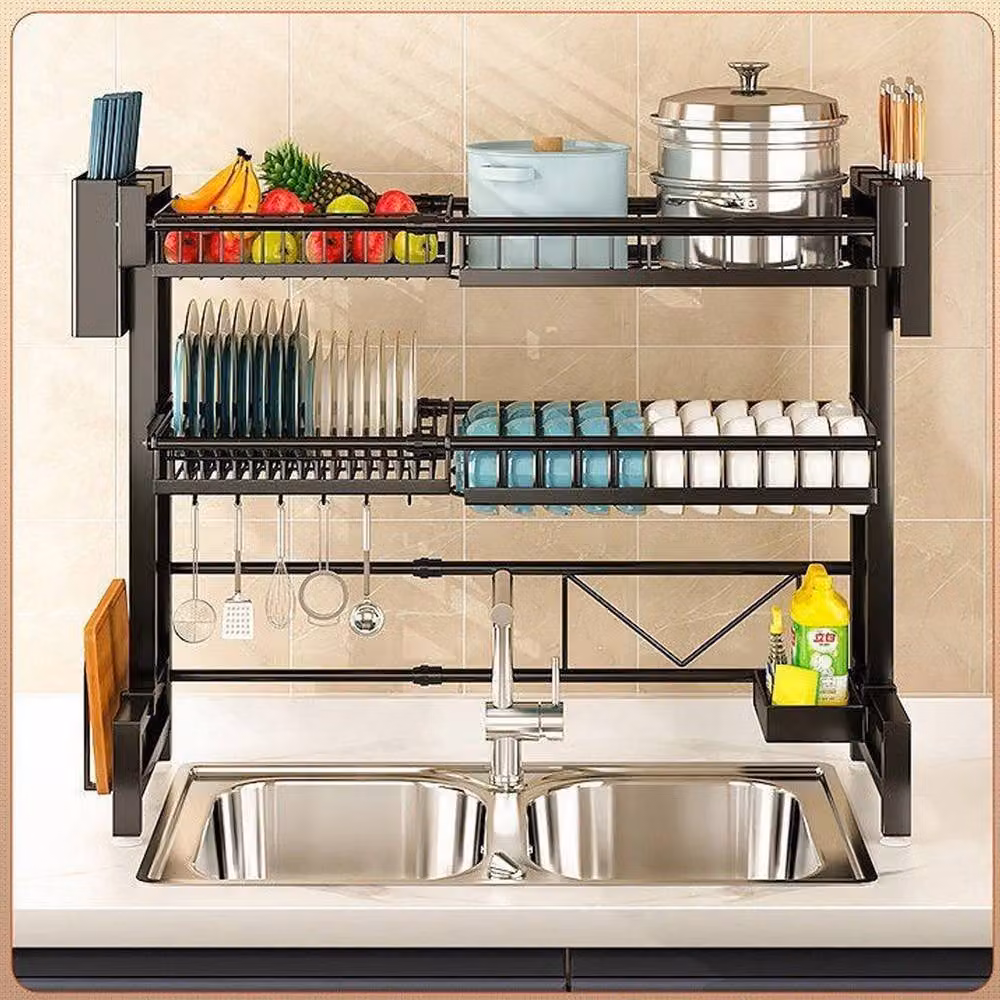 Ventryn 2 Tier Adjustable Over Sink Dish Rack, Black Metal Expandable Design – 3