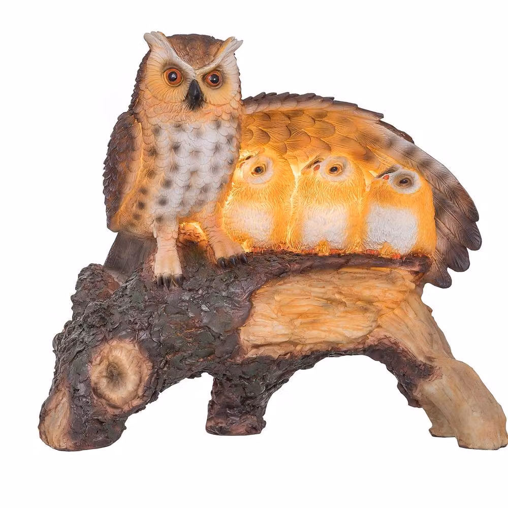 Globrite Solar Owl Family Resin Statue with LED Light, Brown and Multicolour Outdoor Garden Ornament – 2