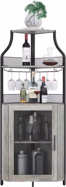 VOGREX Corner Wine Bar Cabinet with Drawer and Storage Shelves in Black and Multicolour, H 152.4 cm x W 47.0 cm x D 46.99 cm