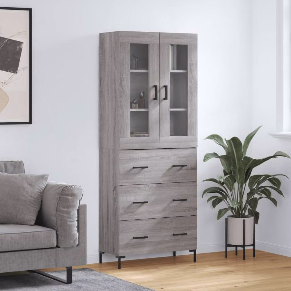 Berkfield Home Grey Sonoma Highboard with Glass Doors and Internal Shelves, W/D/H: 69.5 x 34 x 180 cm – 2