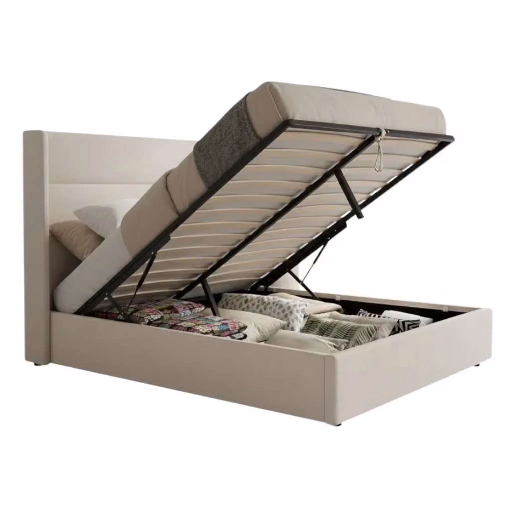 OAT Home Wilmslow Winged Headboard Fabric Upholstered Ottoman Storage Bed Frame in Natural, Size: Double (140 x 200 cm) – 3