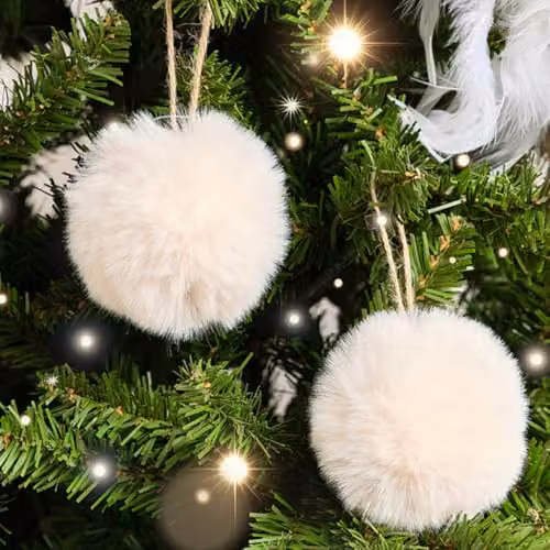 Melody Maison Set of 3 Cream Faux Fur Christmas Baubles, Diameter: 7.5 cm – 2