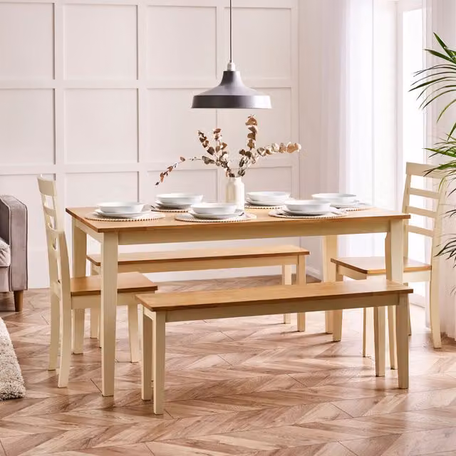 FurnitureboxUK Salcombe Large Rectangular Wooden Dining Set with 2 Whitby Chairs and 2 Benches in Cream