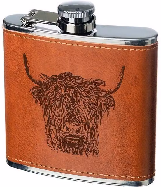Selbrae House Brown Leather Hip Flask with Highland Cow Design, 177 ml