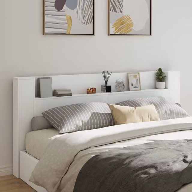 Berkfield Home Modern White Headboard Cabinet with Integrated LED Lighting, Shelf and USB Charging Port, W: 220 cm, D: 16.5 cm, H: 103.5 cm