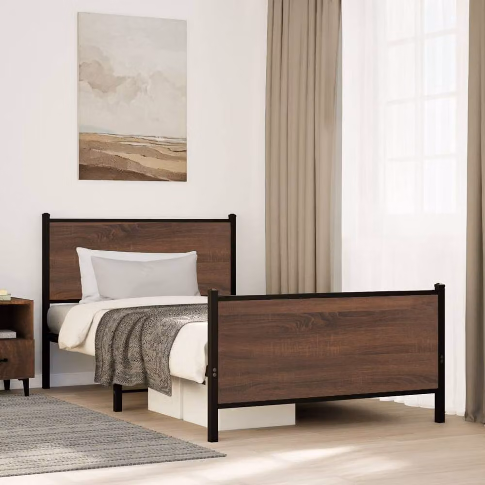 Berkfield Home Metal Bed Frame in Brown Oak, W/D/H: 100 x 190 cm – 2