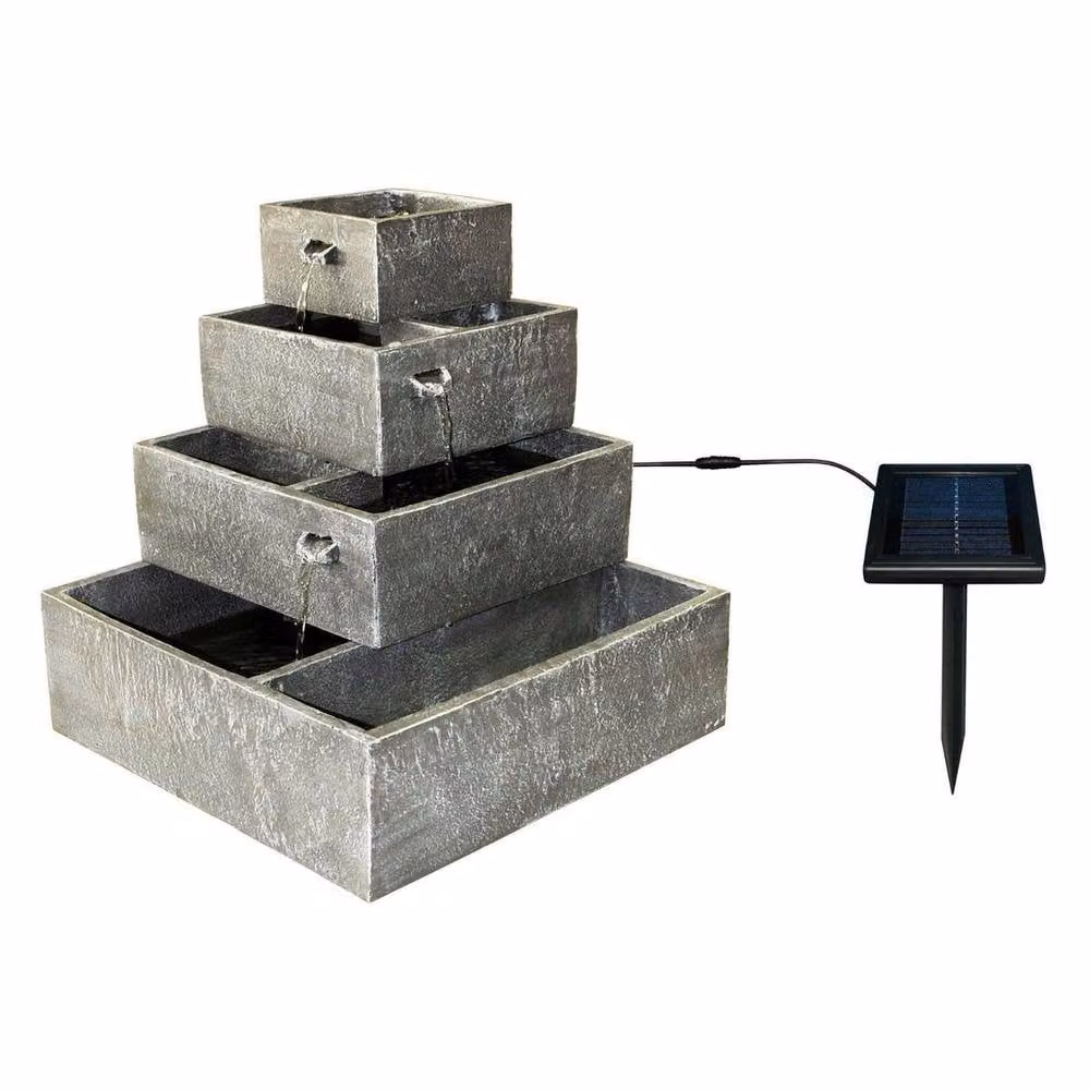 Primrose Perth 4-Tier Solar Powered Cascading Herb Planter Water Feature in Grey Stone, Height: 42 cm – 5