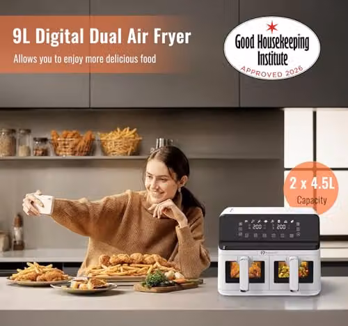 PureMate 9L Dual Basket Air Fryer in White with Digital Display and 2500W Power – 8