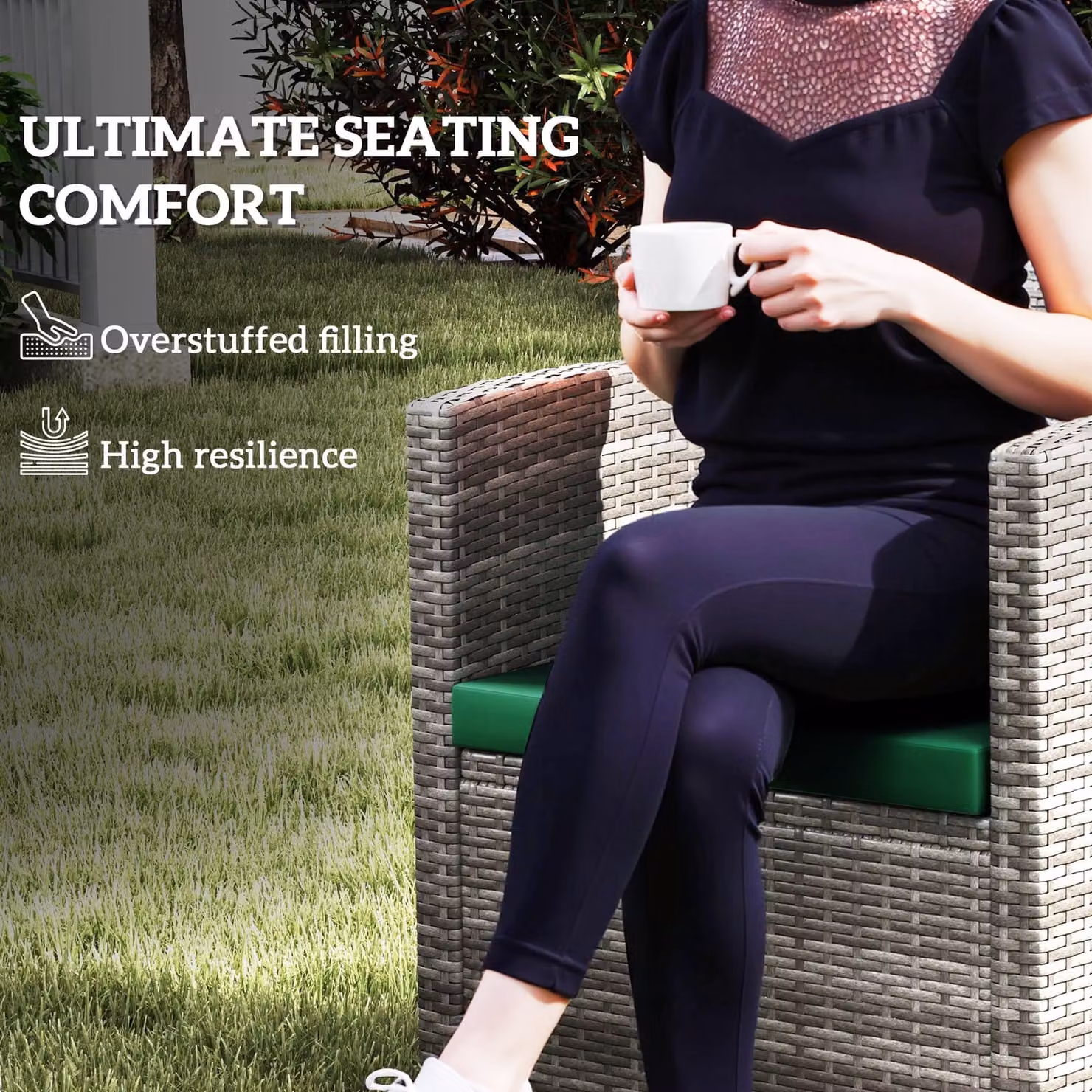 Outsunny Set of 3 Green Rectangular Outdoor Seat Cushion Pads for Rattan Furniture with Removable Washable Polyester Covers – 4